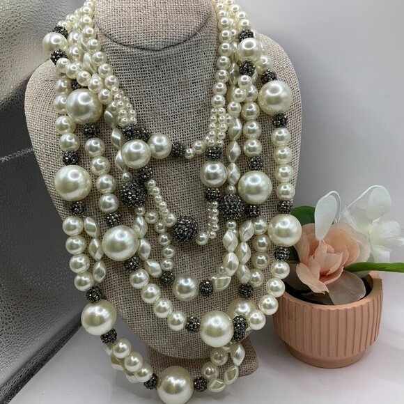 Julies B Multi Strands Faux Pearls Black Hematite Rhinestone Rondelles Necklace - Picture 3 of 8